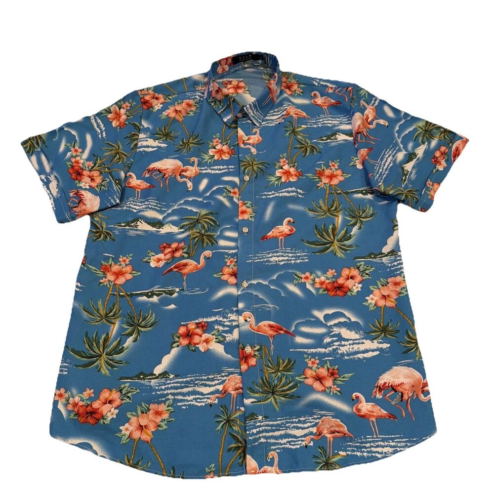 SSLR Flamingo Button Up Shirt Men's Large Hawaiian Tropical Trees Short‎ Sleeve